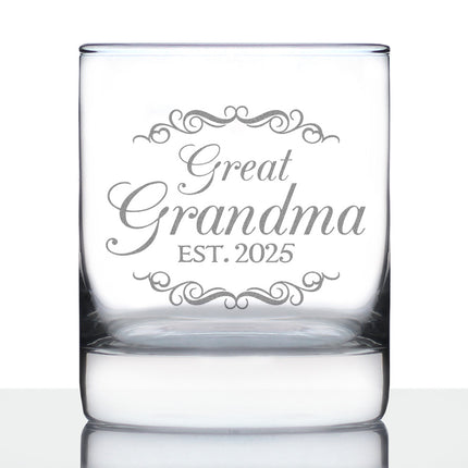 Great Grandma Est 2025 - New Great Grandmother Whiskey Rocks Glass Gift for First Time Great Grandparents - Decorative 10.25 Oz Glasses