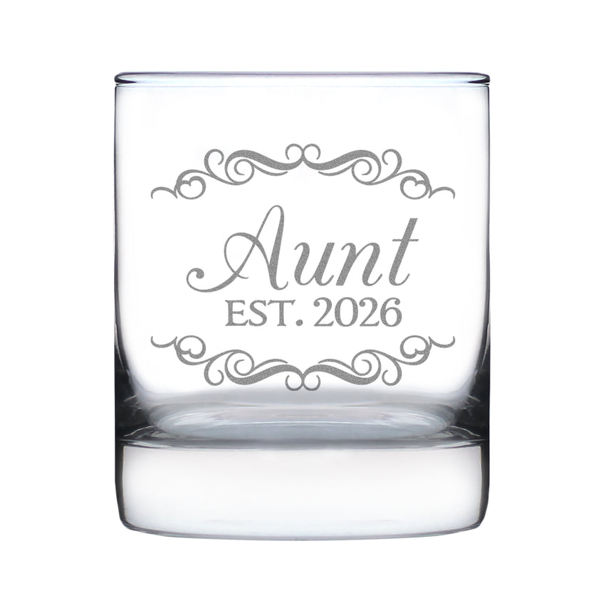 Aunt Est 2026 - Engraved Rocks Glass - New Aunt Gift for First Time Aunts - Decorative Weighted Whiskey Glasses - 10.25 oz