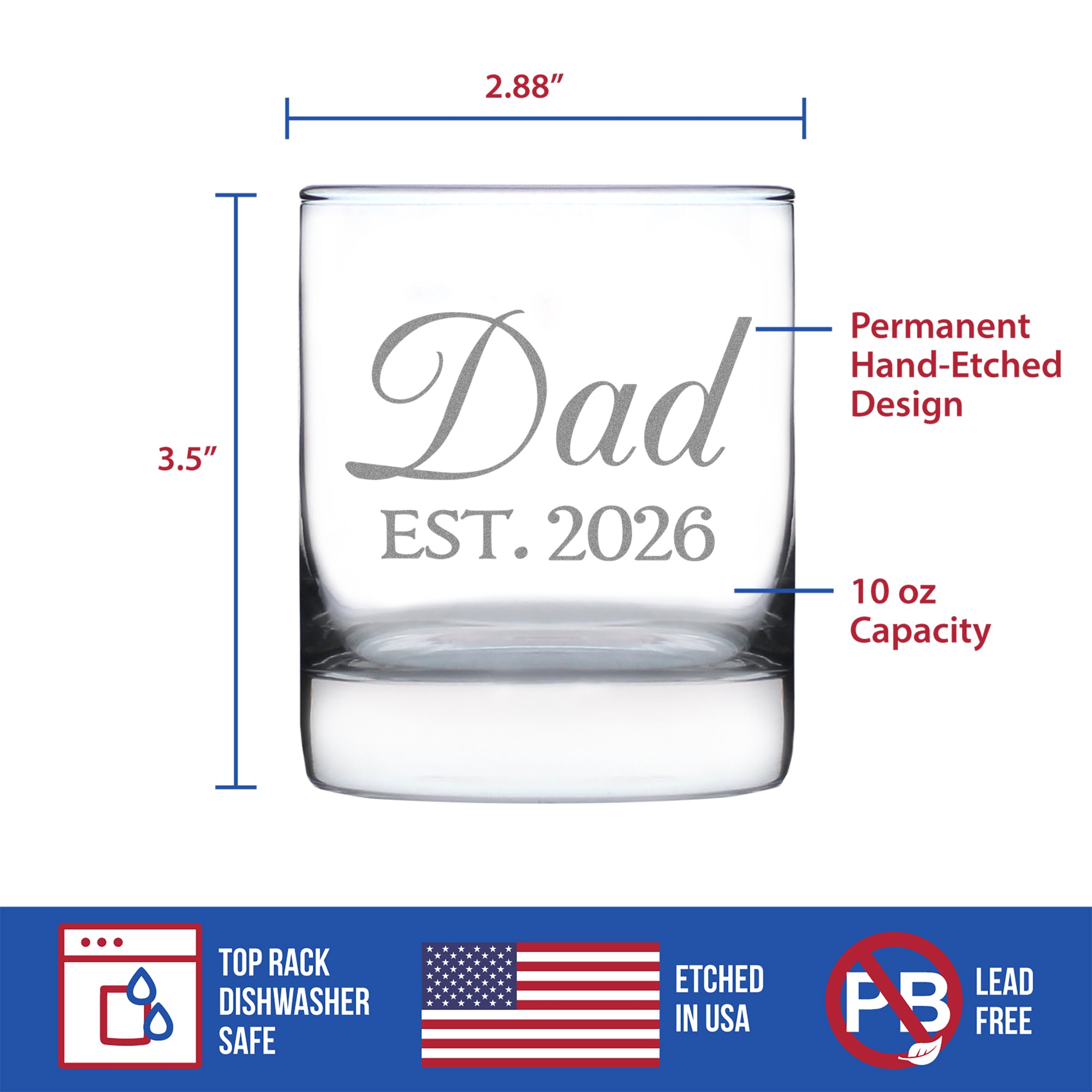 Dad Est 2026 - Engraved Rocks Glass - New Father Gift for First Time Parents - Decorative Weighted Whiskey Glasses - 10.25 oz