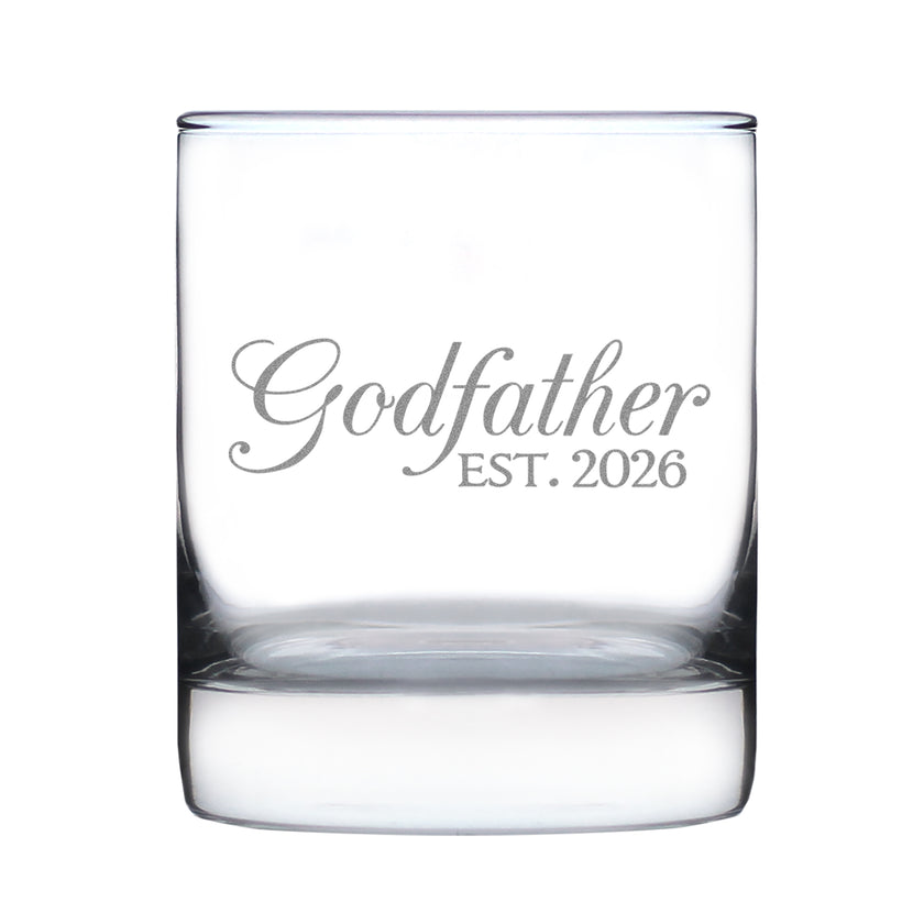 Godfather Est 2026 - Engraved Rocks Glass - New Godfather Gift for First Time Godparents - Decorative Weighted Whiskey Glasses - 10.25 oz