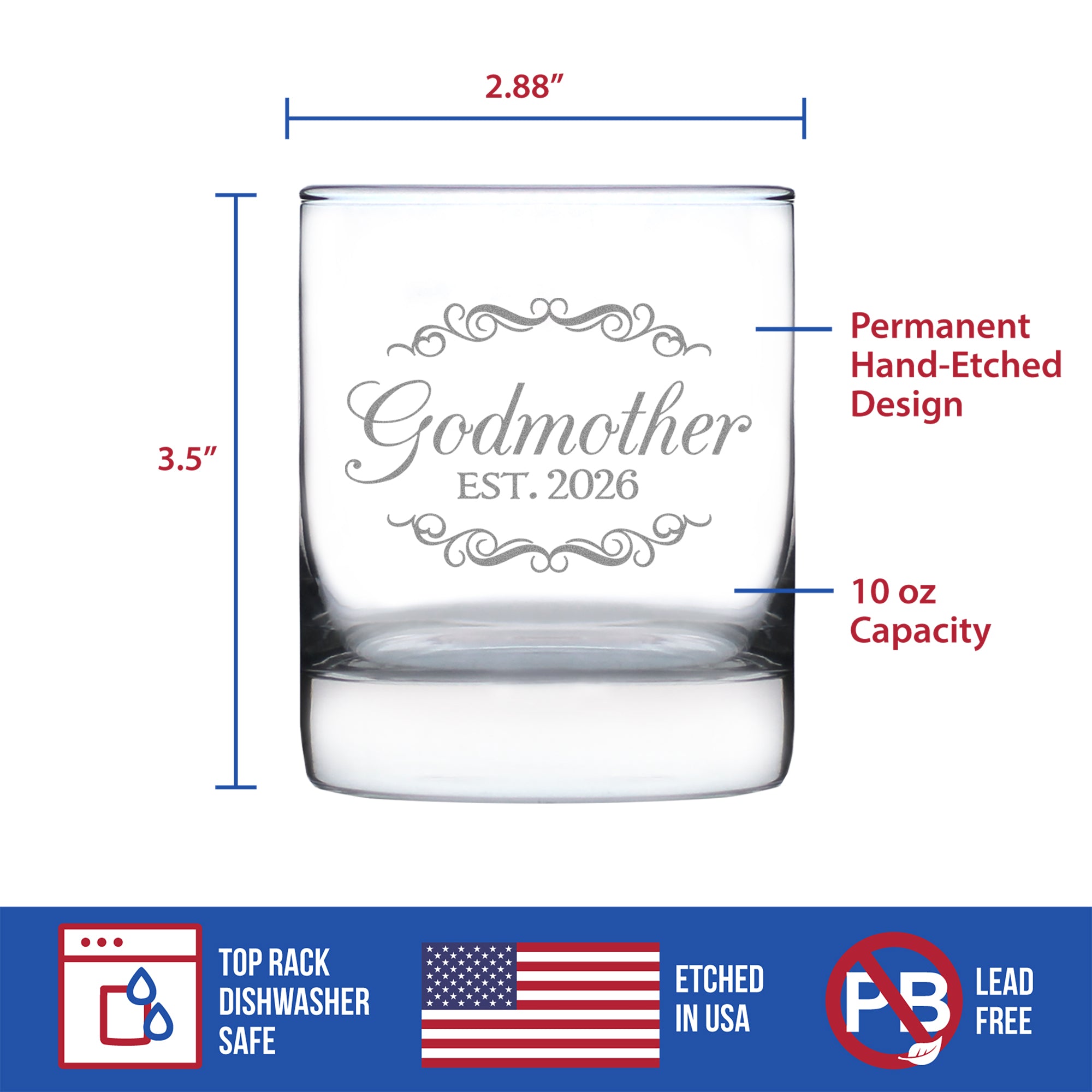 Godmother Est 2026 - Engraved Rocks Glass - New Godmother Gift for First Time Godparents - Decorative Weighted Whiskey Glasses - 10.25 oz