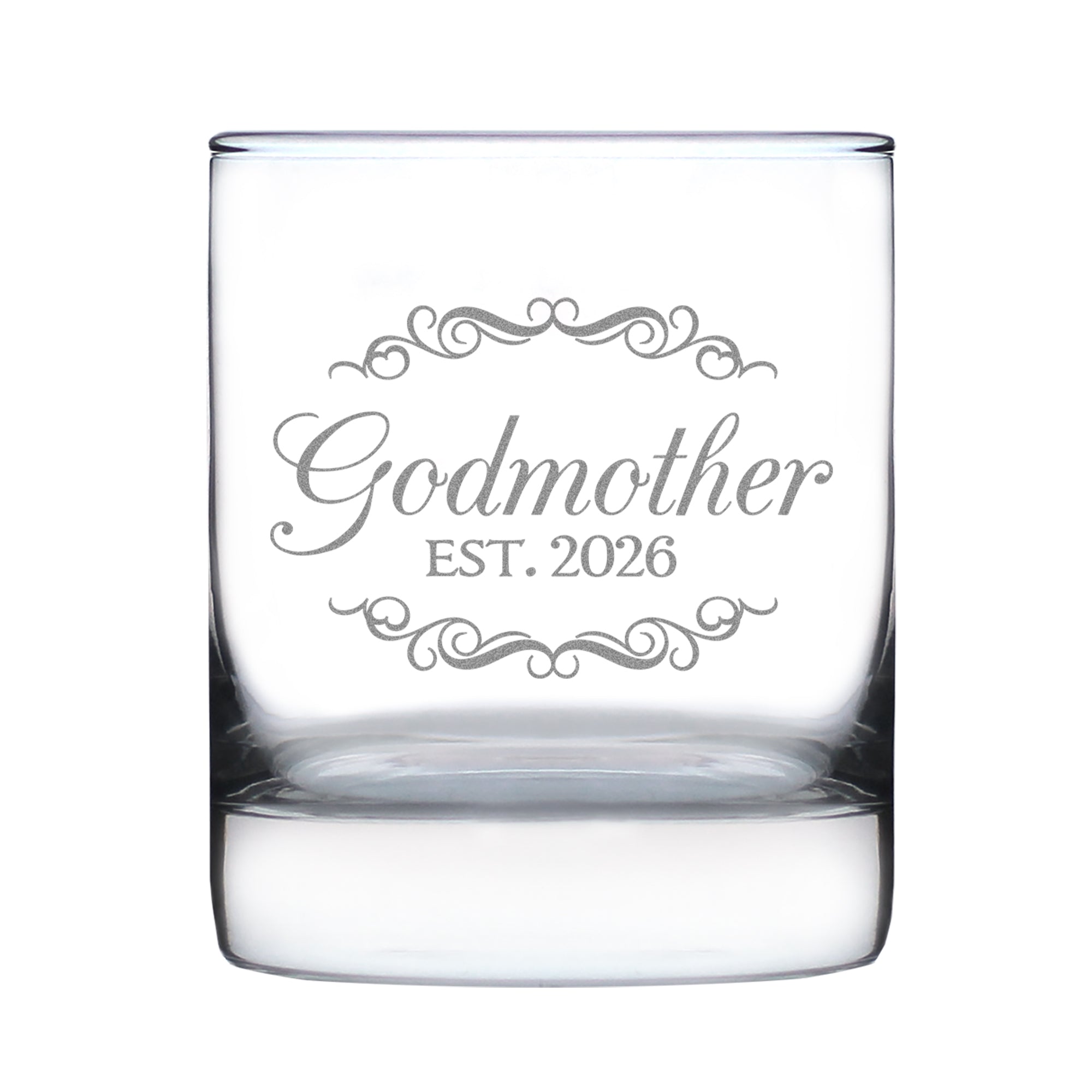 Godmother Est 2026 - Engraved Rocks Glass - New Godmother Gift for First Time Godparents - Decorative Weighted Whiskey Glasses - 10.25 oz