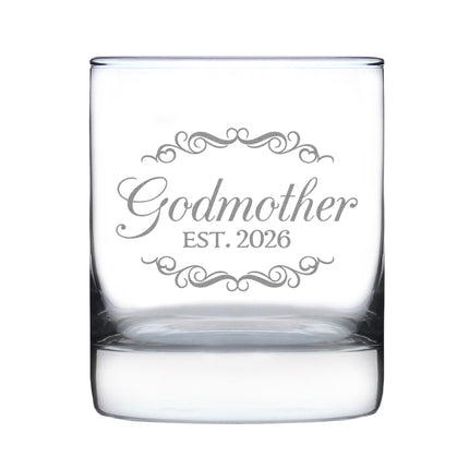 Godmother Est 2026 - Engraved Rocks Glass - New Godmother Gift for First Time Godparents - Decorative Weighted Whiskey Glasses - 10.25 oz