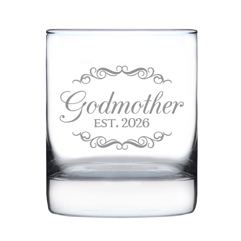Godmother Est 2026 - Engraved Rocks Glass - New Godmother Gift for First Time Godparents - Decorative Weighted Whiskey Glasses - 10.25 oz