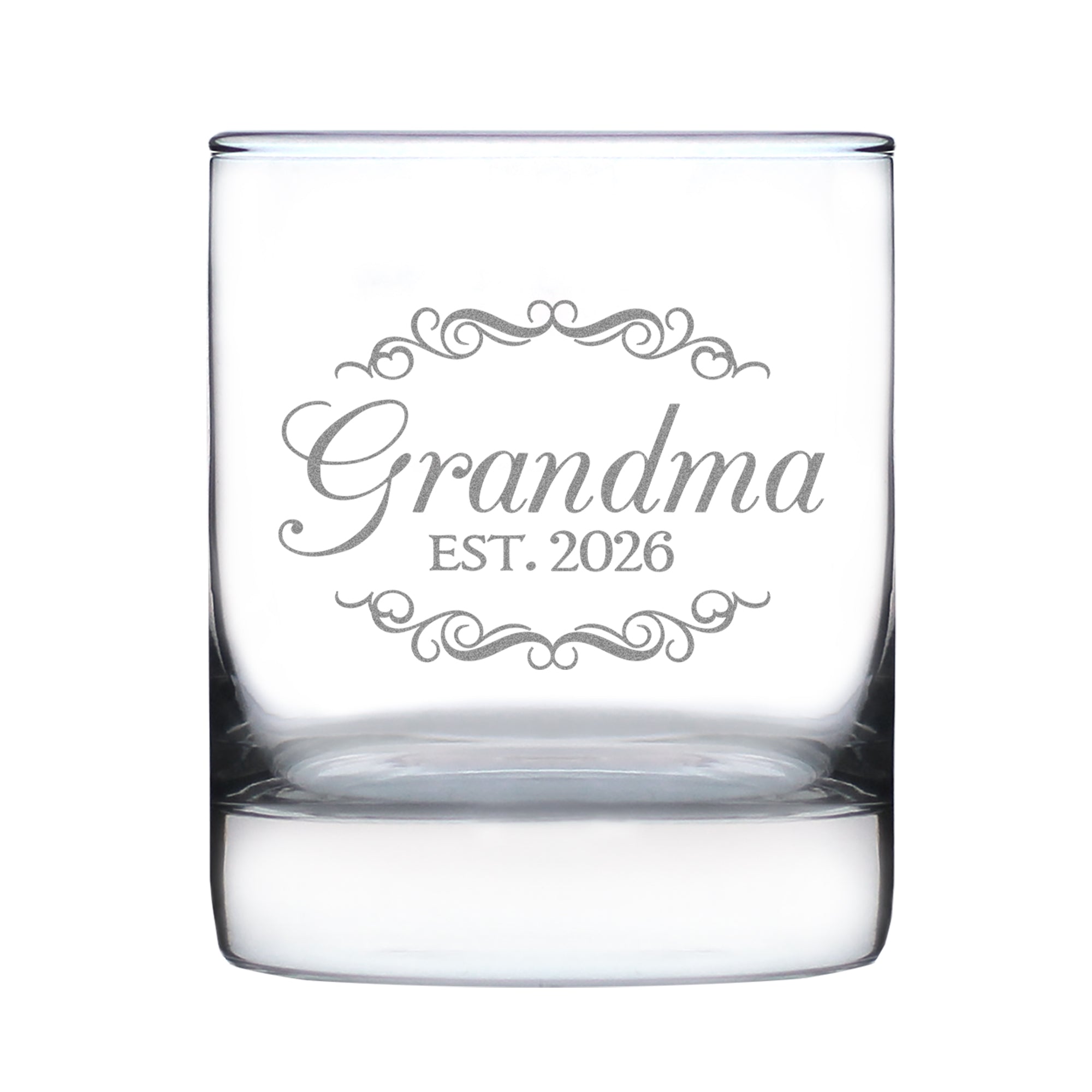 Grandma Est 2026 - Engraved Rocks Glass - New Grandmother Gift for First Time Grandparents - Decorative Weighted Whiskey Glasses - 10.25 oz