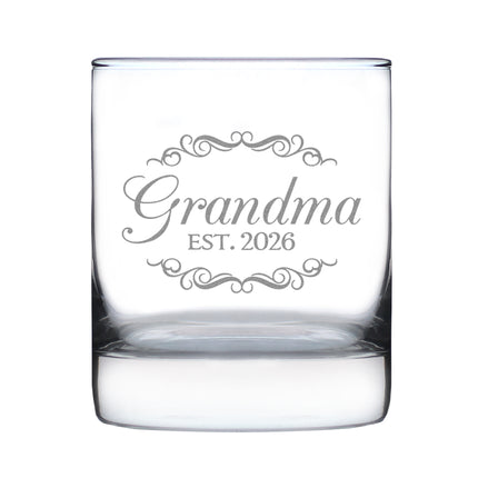 Grandma Est 2026 - Engraved Rocks Glass - New Grandmother Gift for First Time Grandparents - Decorative Weighted Whiskey Glasses - 10.25 oz