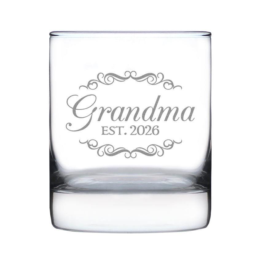 Grandma Est 2026 - Engraved Rocks Glass - New Grandmother Gift for First Time Grandparents - Decorative Weighted Whiskey Glasses - 10.25 oz