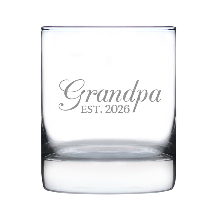 Grandpa Est 2026 - Engraved Rocks Glass - New Grandfather Gift for First Time Grandparents - Decorative Weighted Whiskey Glasses - 10.25 oz