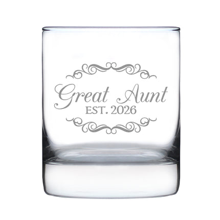Great Aunt Est 2026 - Engraved Rocks Glass - New Great Aunt Gift for First Time Great Aunts - Decorative Weighted Whiskey Glasses - 10.25 oz
