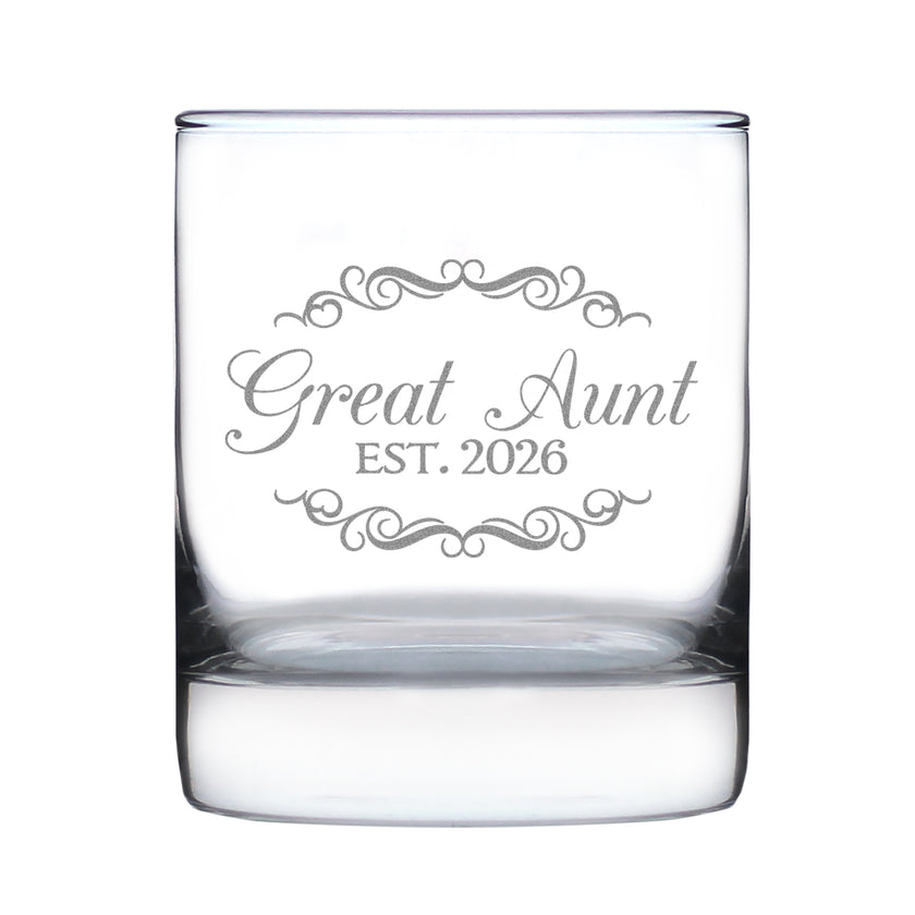 Great Aunt Est 2026 - Engraved Rocks Glass - New Great Aunt Gift for First Time Great Aunts - Decorative Weighted Whiskey Glasses - 10.25 oz