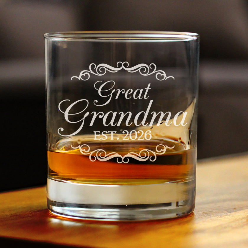 Great Grandma Est 2026 - Engraved Rocks Glass - New Great Grandmother Gift for First Time Great Grandparents - Decorative Weighted Whiskey Glasses - 10.25 oz