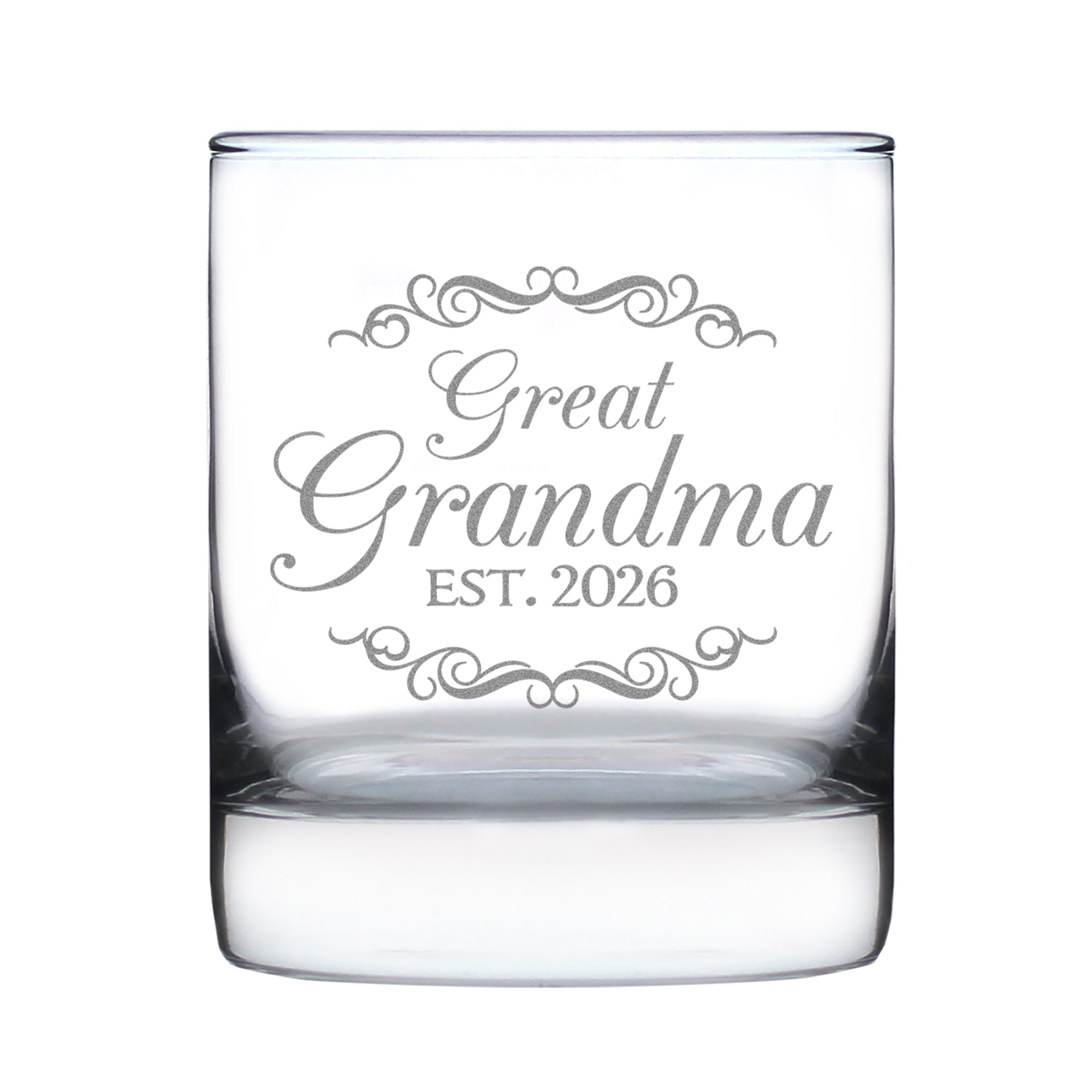 Great Grandma Est 2026 - Engraved Rocks Glass - New Great Grandmother Gift for First Time Great Grandparents - Decorative Weighted Whiskey Glasses - 10.25 oz