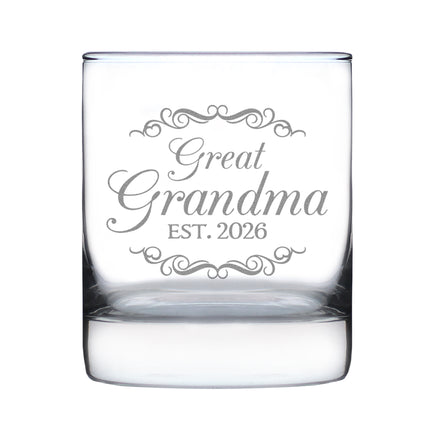 Great Grandma Est 2026 - Engraved Rocks Glass - New Great Grandmother Gift for First Time Great Grandparents - Decorative Weighted Whiskey Glasses - 10.25 oz