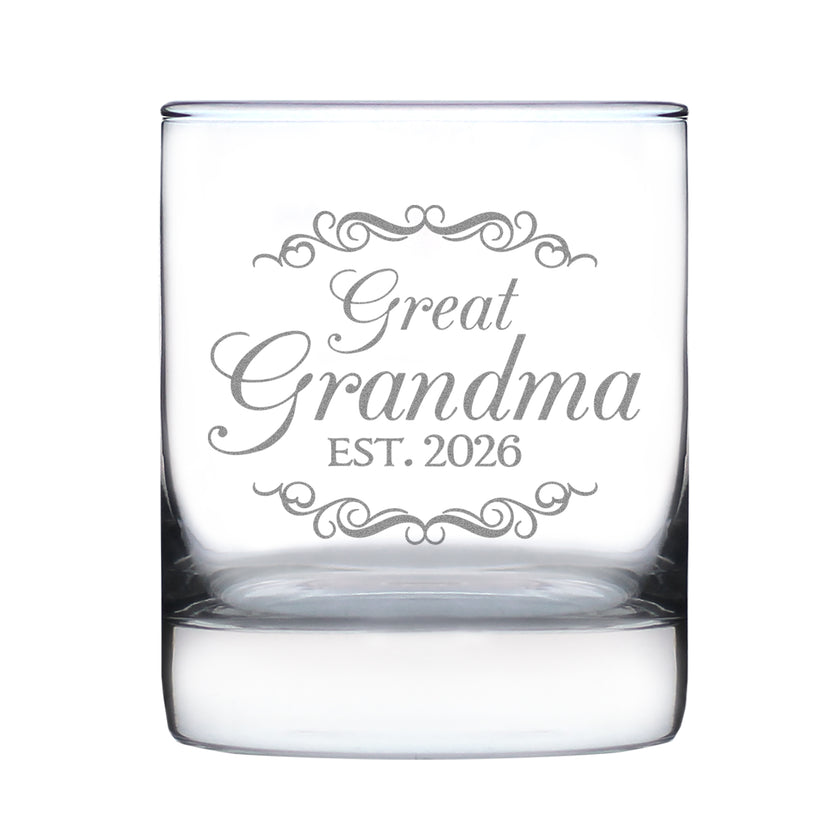 Great Grandma Est 2026 - Engraved Rocks Glass - New Great Grandmother Gift for First Time Great Grandparents - Decorative Weighted Whiskey Glasses - 10.25 oz