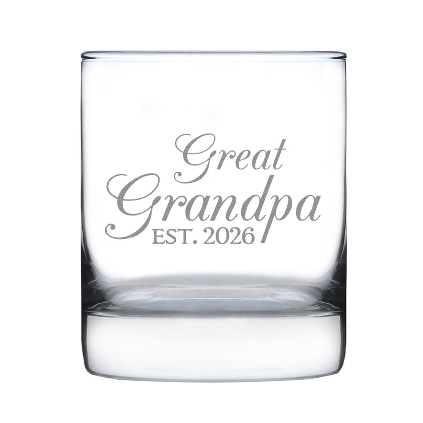 Great Grandpa Est 2026 - Engraved Rocks Glass - New Great Grandfather Gift for First Time Great Grandparents - Decorative Weighted Whiskey Glasses - 10.25 oz