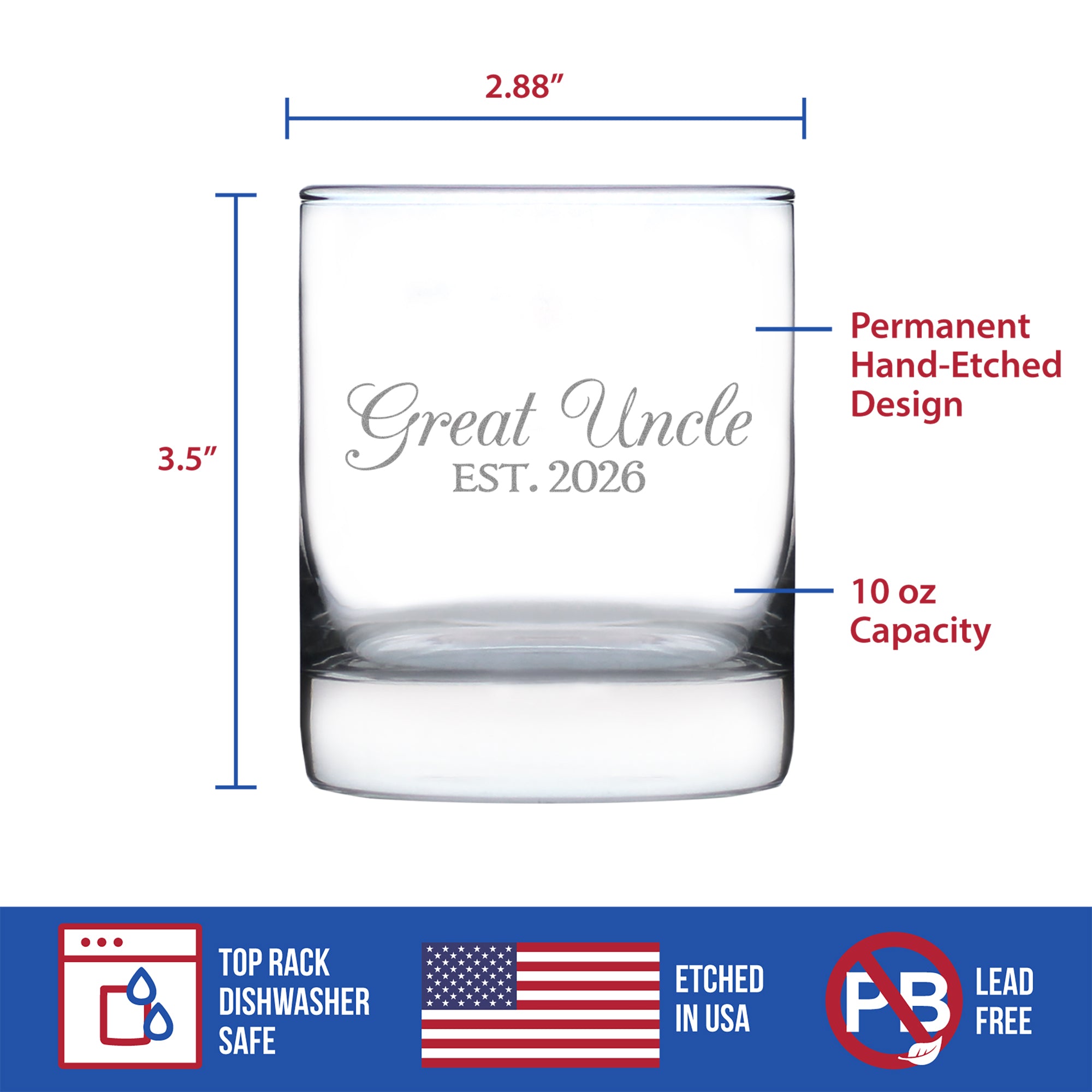 Great Uncle Est 2026 - Engraved Rocks Glass - New Great Uncle Gift for First Time Great Uncles - Decorative Weighted Whiskey Glasses - 10.25 oz