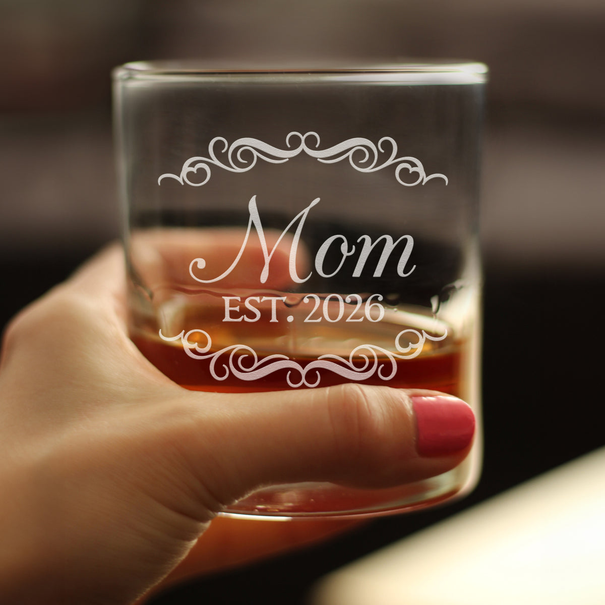 Mom Est 2026 - Engraved Rocks Glass - New Mother Gift for First Time Parents - Decorative Weighted Whiskey Glasses - 10.25 oz