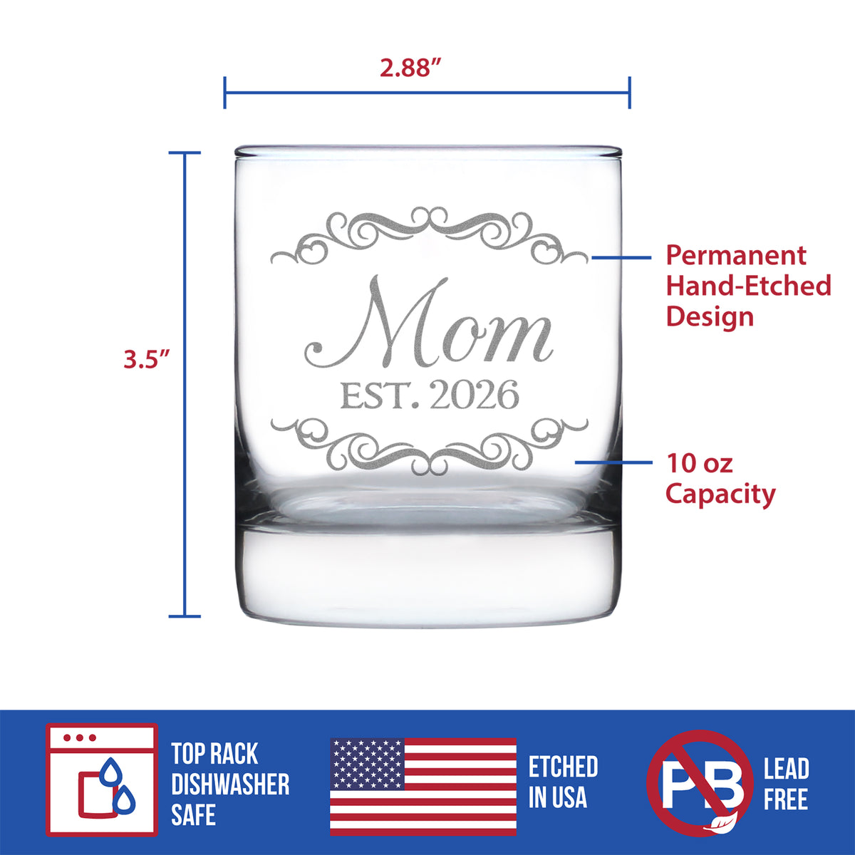 Mom Est 2026 - Engraved Rocks Glass - New Mother Gift for First Time Parents - Decorative Weighted Whiskey Glasses - 10.25 oz