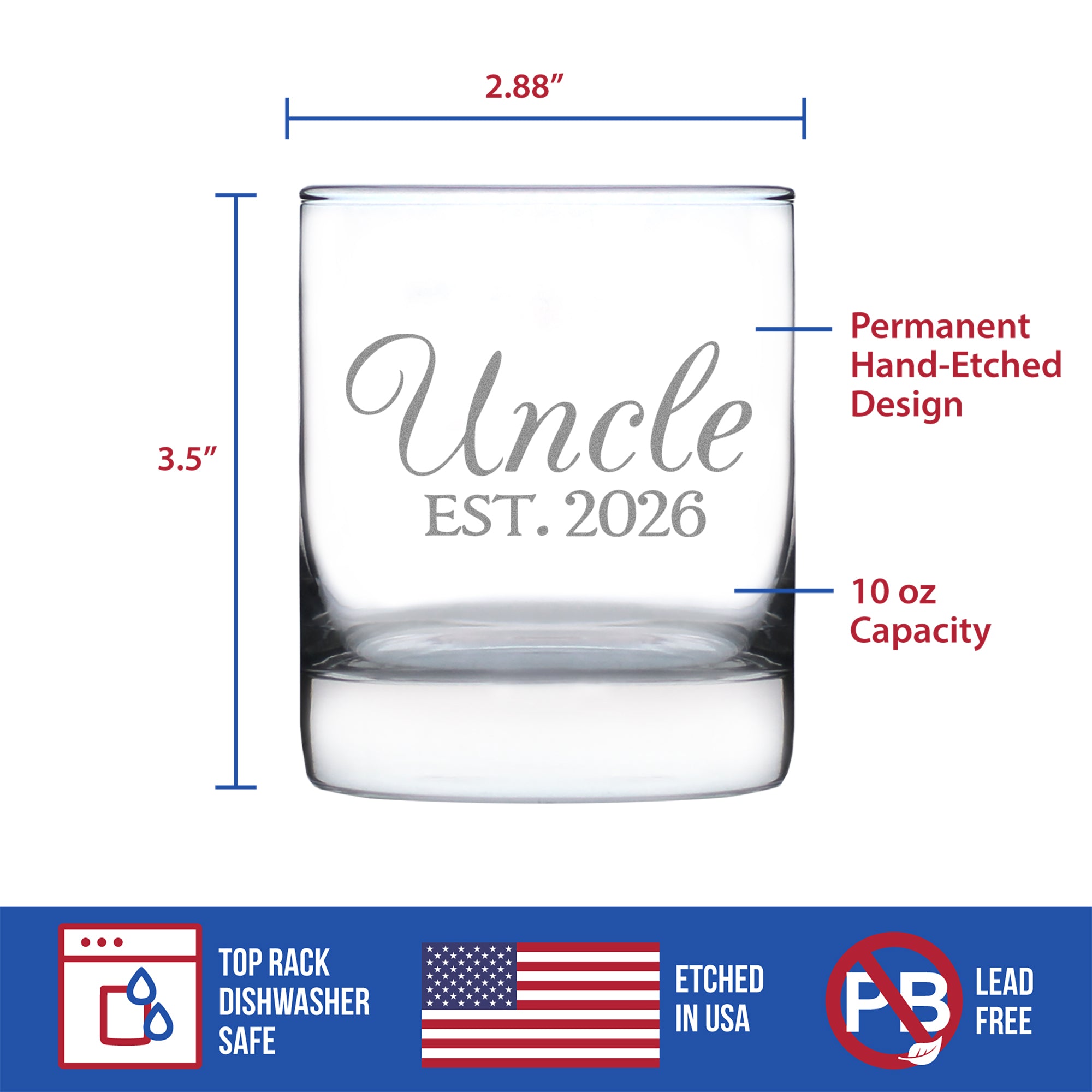 Uncle Est 2026 - Engraved Rocks Glass - New Uncle Gift for First Time Uncles - Decorative Weighted Whiskey Glasses - 10.25 oz