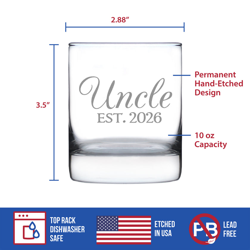 Uncle Est 2026 - Engraved Rocks Glass - New Uncle Gift for First Time Uncles - Decorative Weighted Whiskey Glasses - 10.25 oz