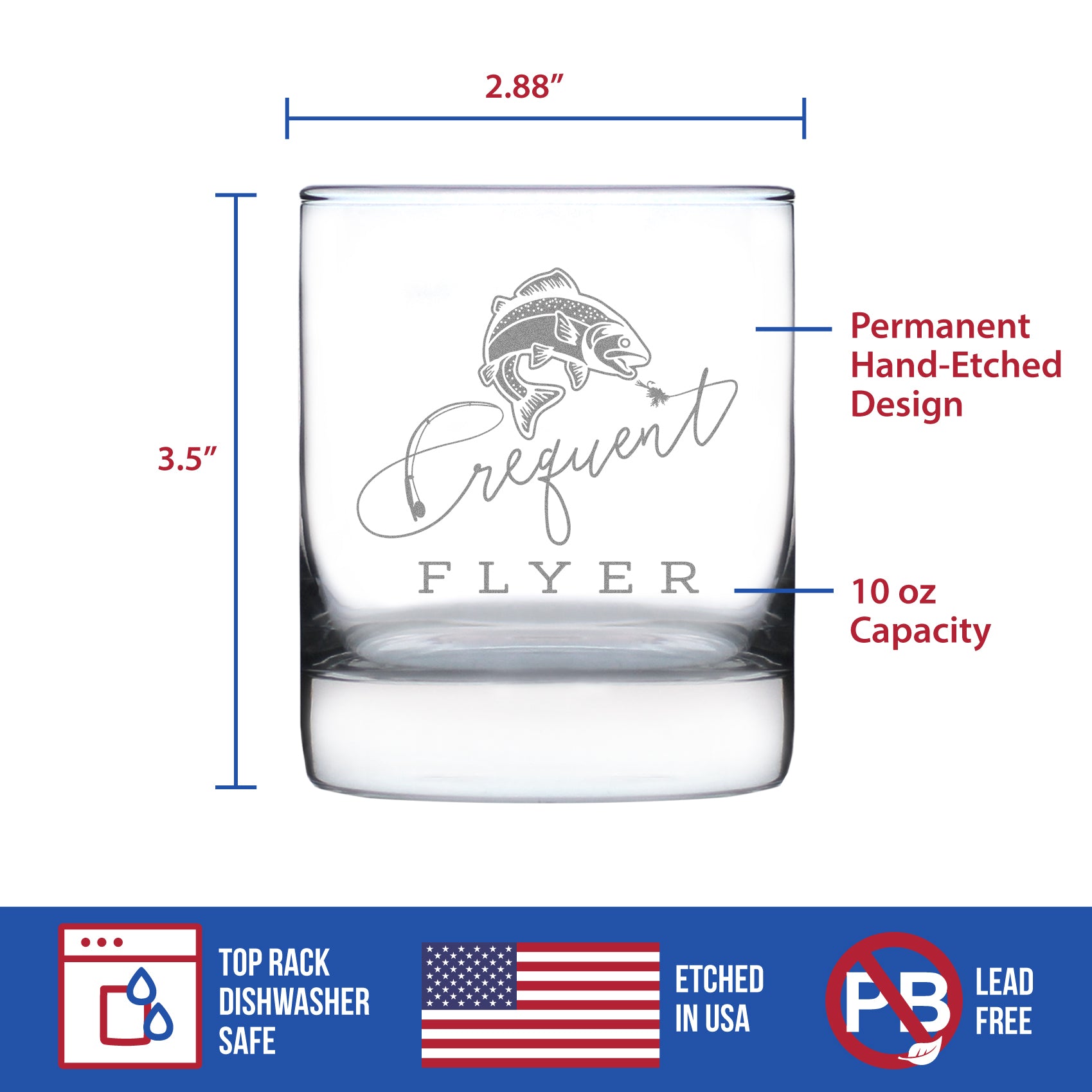 Frequent Flyer Engraved Rocks Glass Gifts for Fly Fishers Weighted Whiskey Glasses - 10.25 oz