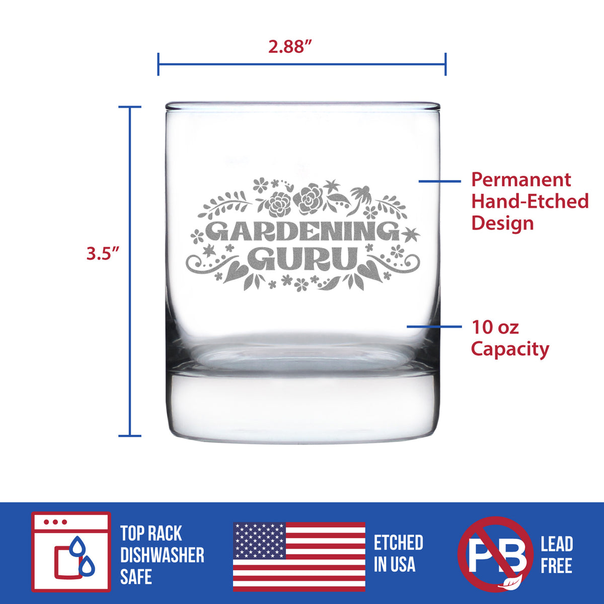 Gardening Guru - Engraved Rocks Glass - Gardening Gifts for Gardeners - Weighted Whiskey Glasses - 10.25 oz