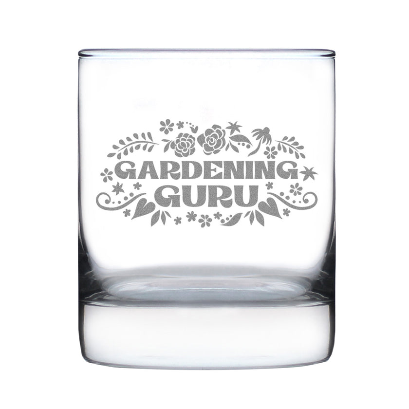 Gardening Guru - Engraved Rocks Glass - Gardening Gifts for Gardeners - Weighted Whiskey Glasses - 10.25 oz