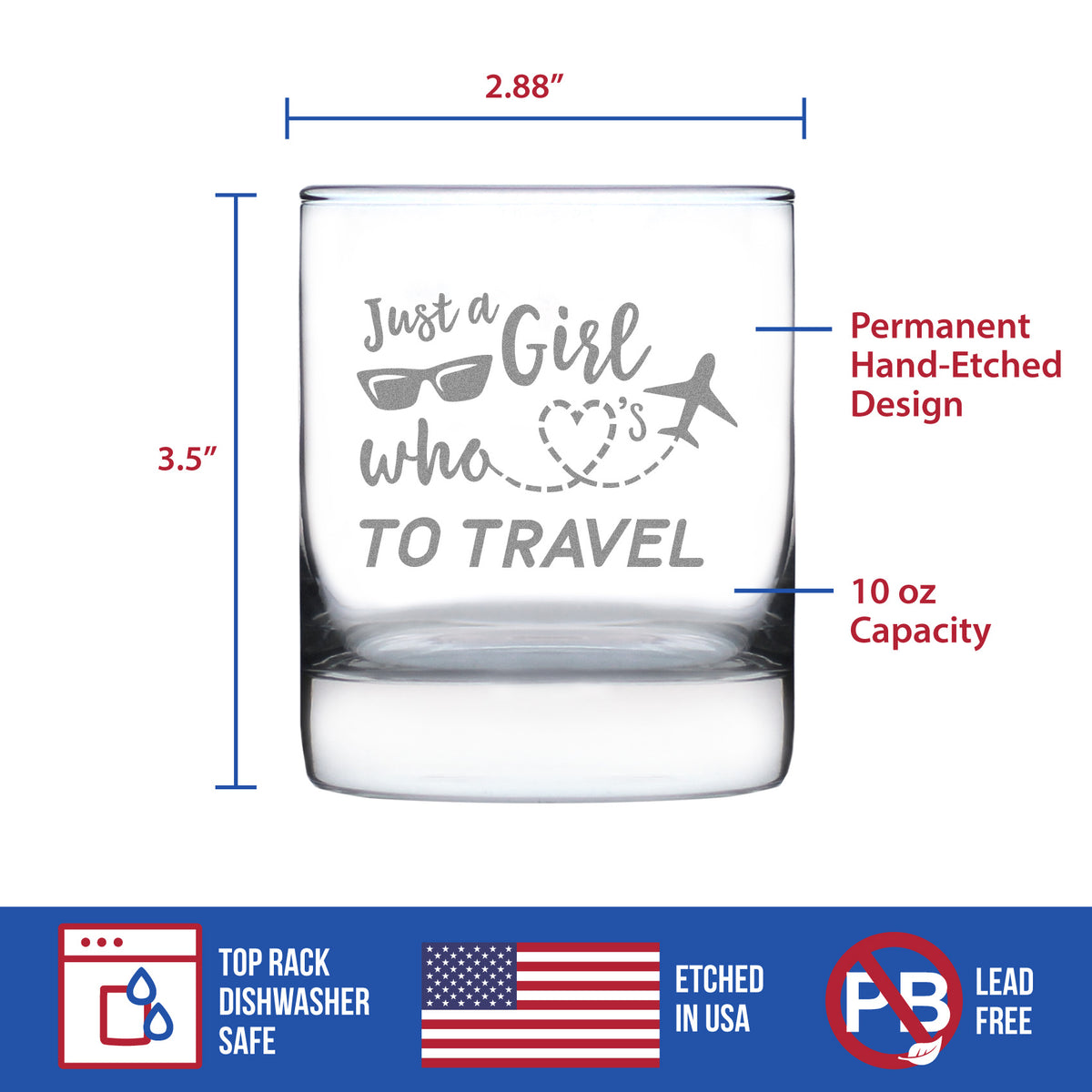 Girl Who Loves To Travel - Whiskey Rocks Glass - Gifts for Travelers Women - 10.25 oz Glasses