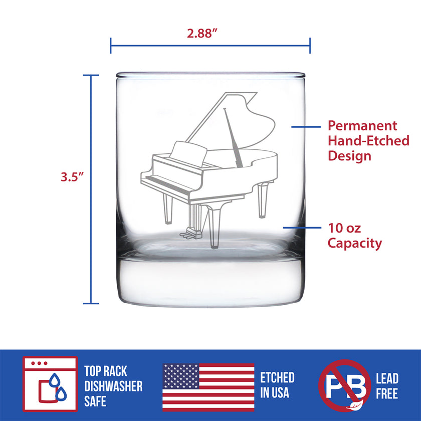 Grand Piano Rocks Glass - Music Gifts for Piano Players, Teachers and Musical Accessories for Musicians that Play Keys - 10.25 Oz Glasses