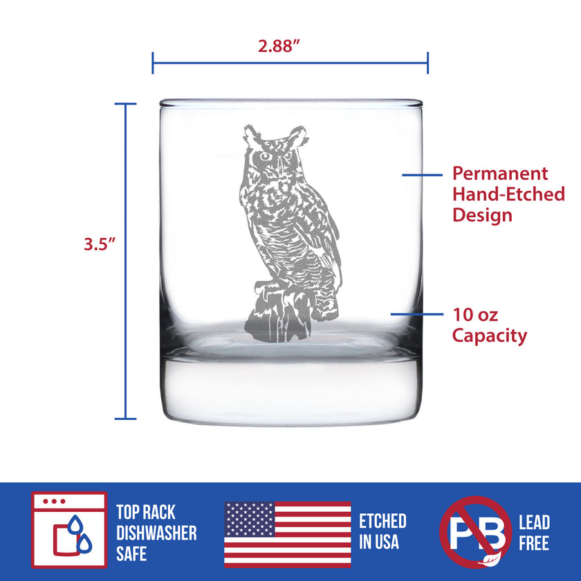 Great Horned Owl Engraved Rocks Glass Owl Decor and Bird Lover Gifts Weighted Whiskey Glasses - 10.25 oz