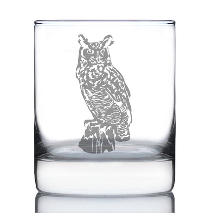 Great Horned Owl Engraved Rocks Glass Owl Decor and Bird Lover Gifts Weighted Whiskey Glasses - 10.25 oz