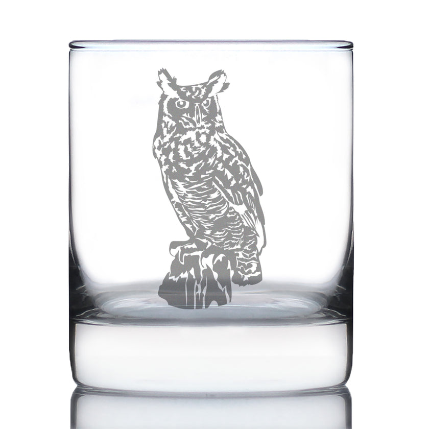 Great Horned Owl Engraved Rocks Glass Owl Decor and Bird Lover Gifts Weighted Whiskey Glasses - 10.25 oz