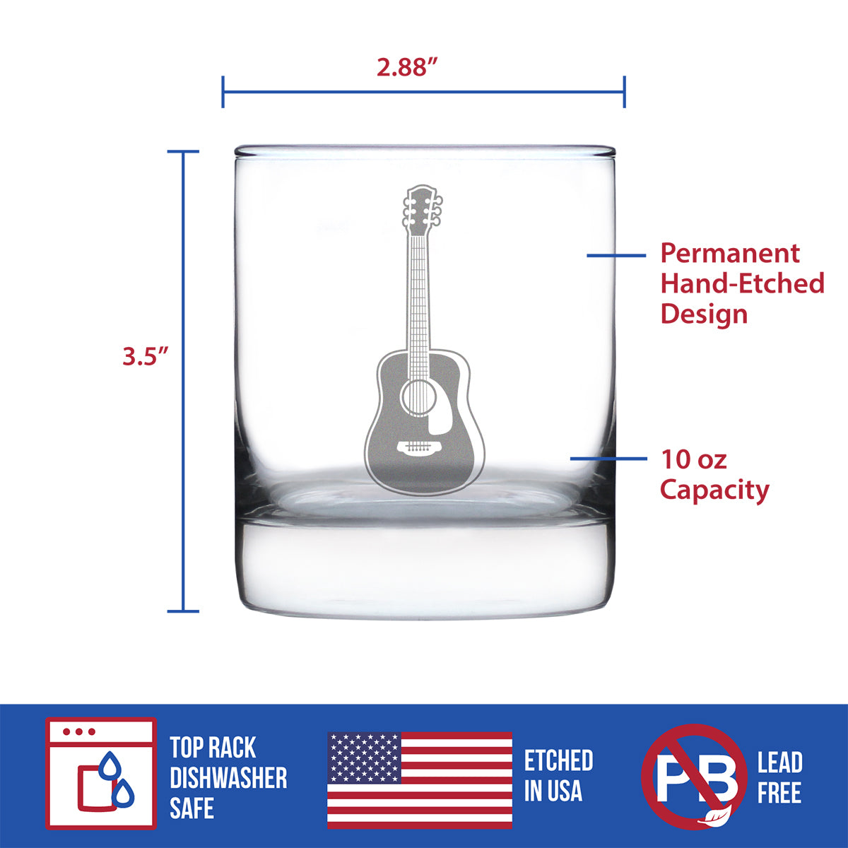 Acoustic Guitar - Rocks Glass - Fun Musician Gifts and Musical Accessories for Women and Men - 10.25 Oz Glasses