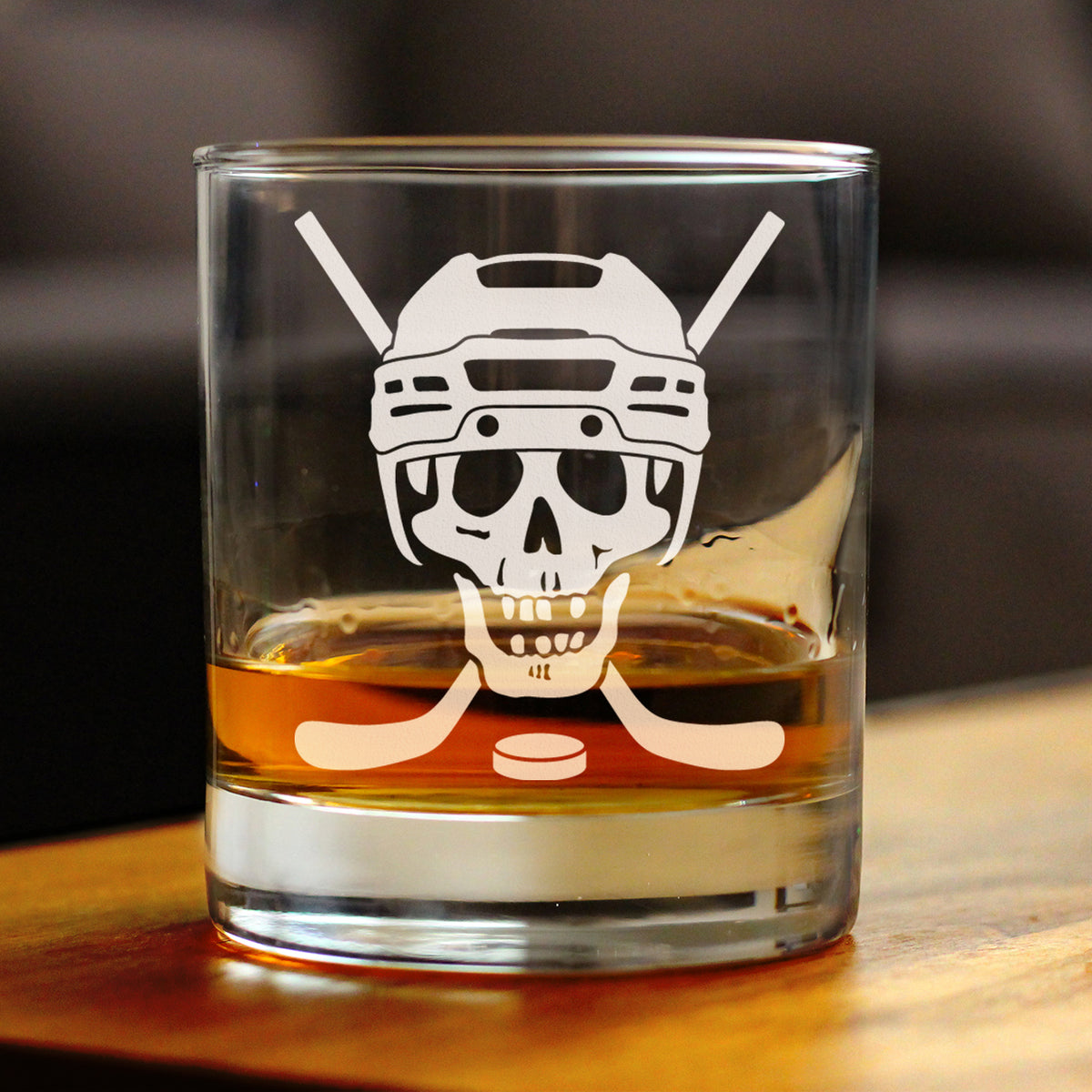 Hockey Skull Engraved Rocks Glass Gifts Hockey Gifts for Coach or Players Weighted Whiskey Glasses - 10.25 oz