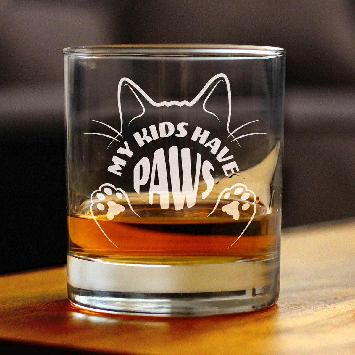Kids Have Paws Cat Engraved Rocks Glass Gifts for Cat People Weighted Whiskey Glasses - 10.25 oz