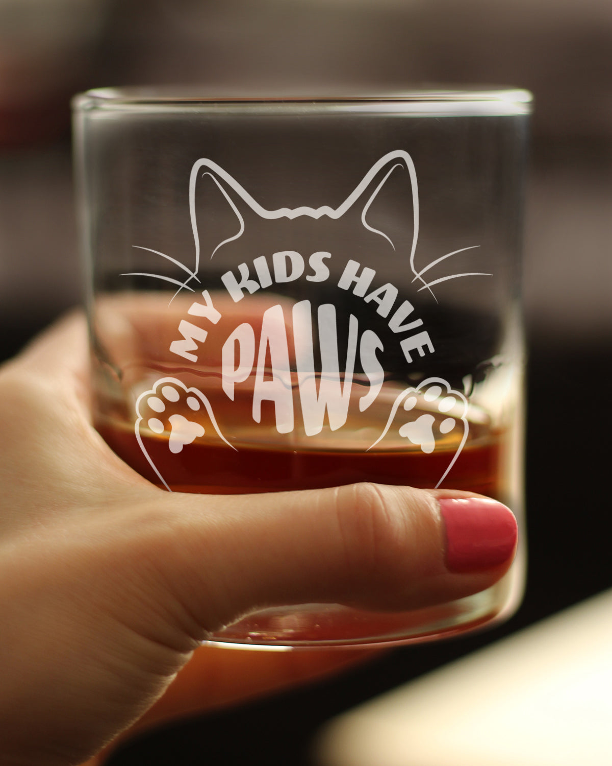 Kids Have Paws Cat Engraved Rocks Glass Gifts for Cat People Weighted Whiskey Glasses - 10.25 oz