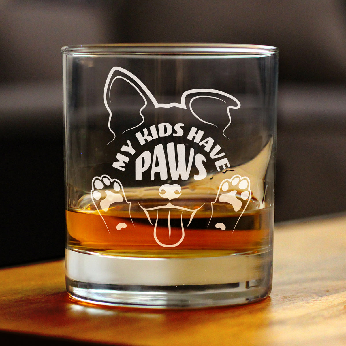 Kids Have Paws Dog Engraved Rocks Glass Gifts for Dog People Weighted Whiskey Glasses - 10.25 oz