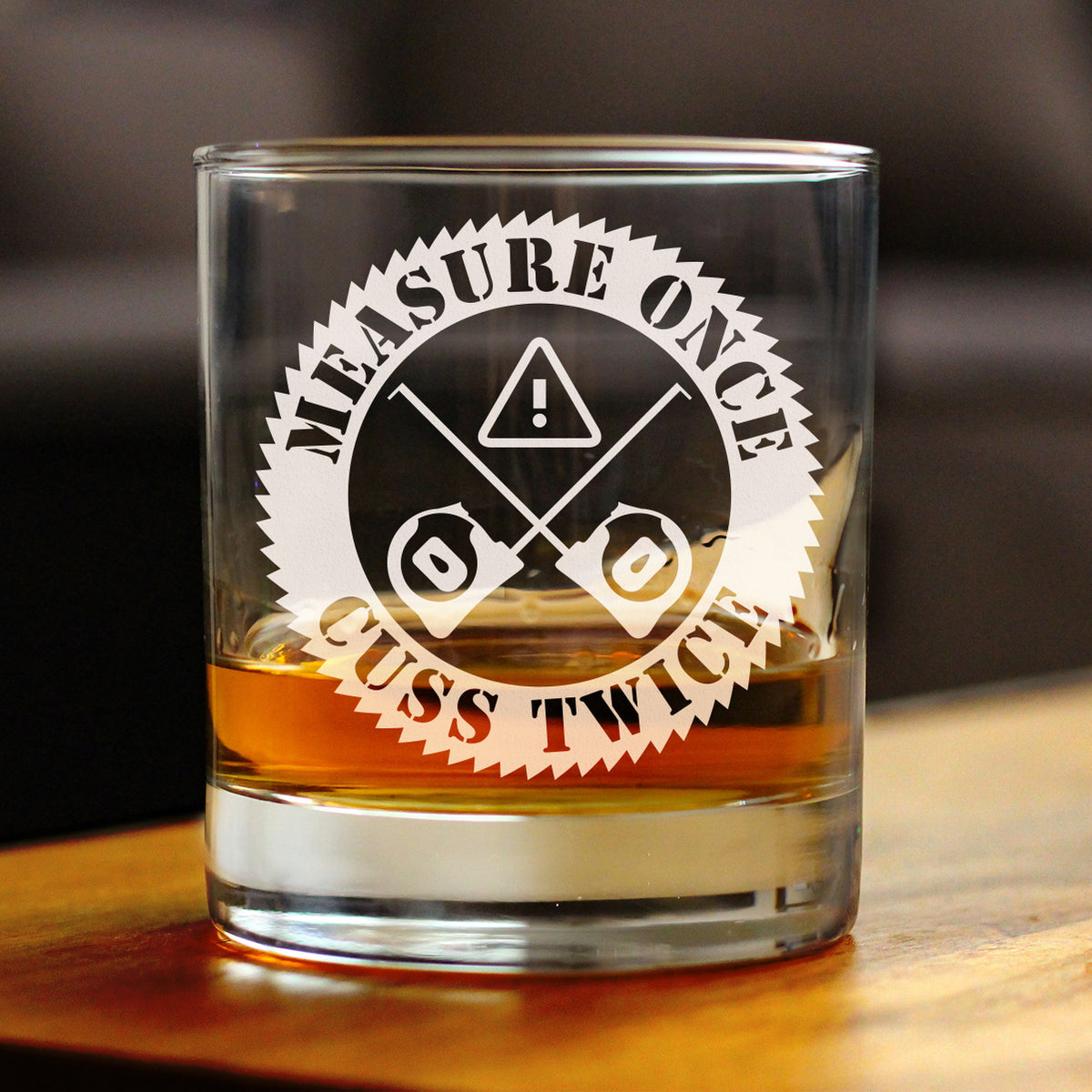 Measure Once Cuss Twice - Whiskey Rocks Glass - Best Gifts for Woodworkers, Construction Workers &amp; Handy Man - 10.25 oz Glasses