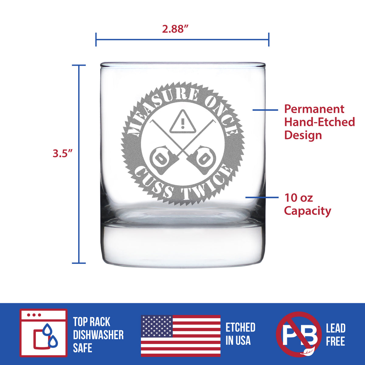 Measure Once Cuss Twice - Whiskey Rocks Glass - Best Gifts for Woodworkers, Construction Workers &amp; Handy Man - 10.25 oz Glasses