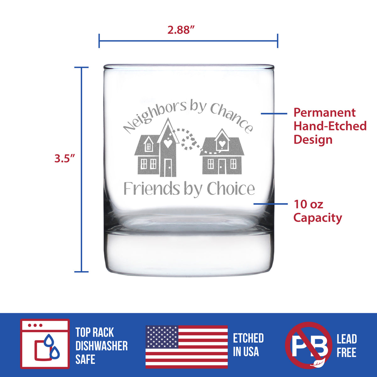 Neighbors by Chance Friends by Choice - Whiskey Rocks Glass Gift - Best Friend Neighbor Gifts - 10.25 oz Glasses