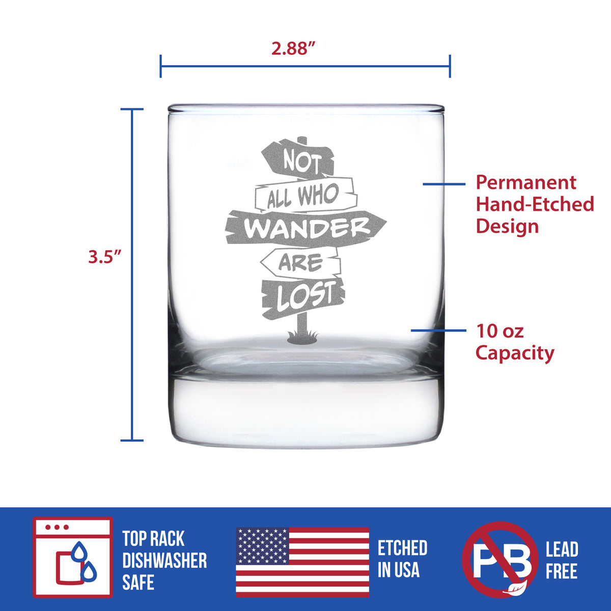 Not All Who Wander Are Lost - Whiskey Rocks Glass - Outdoor Travel Gifts for Travelers, Campers &amp; Hikers - 10.25 oz Glasses