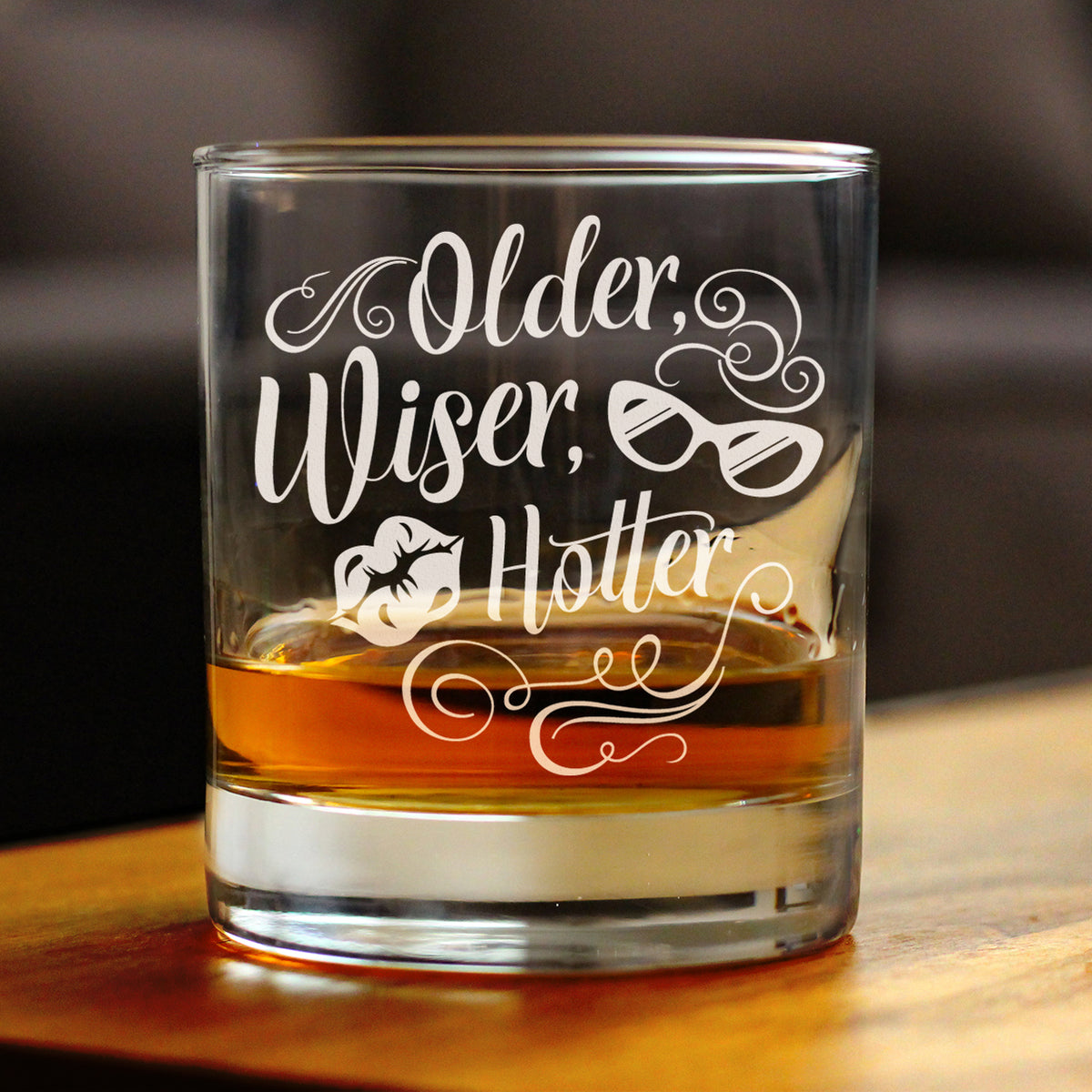 Older Wiser Hotter Engraved Rocks Glass Gifts Funny Birthday Gifts for Women Weighted Whiskey Glasses - 10.25 oz