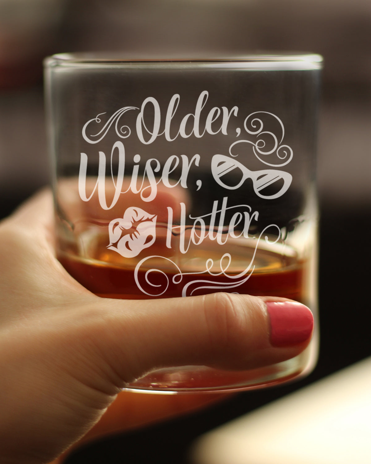 Older Wiser Hotter Engraved Rocks Glass Gifts Funny Birthday Gifts for Women Weighted Whiskey Glasses - 10.25 oz