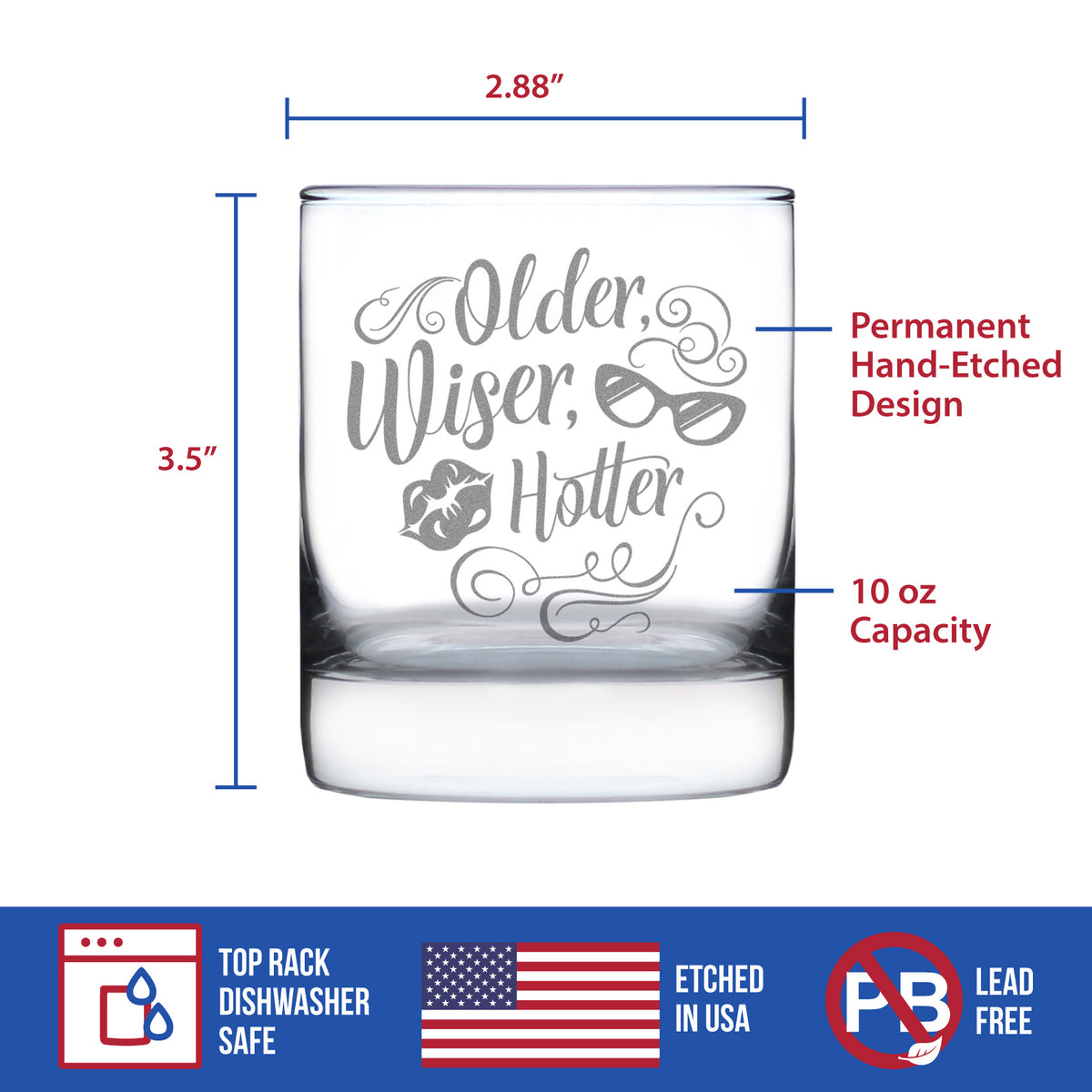 Older Wiser Hotter Engraved Rocks Glass Gifts Funny Birthday Gifts for Women Weighted Whiskey Glasses - 10.25 oz