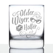 Older Wiser Hotter Engraved Rocks Glass Gifts Funny Birthday Gifts for Women Weighted Whiskey Glasses - 10.25 oz