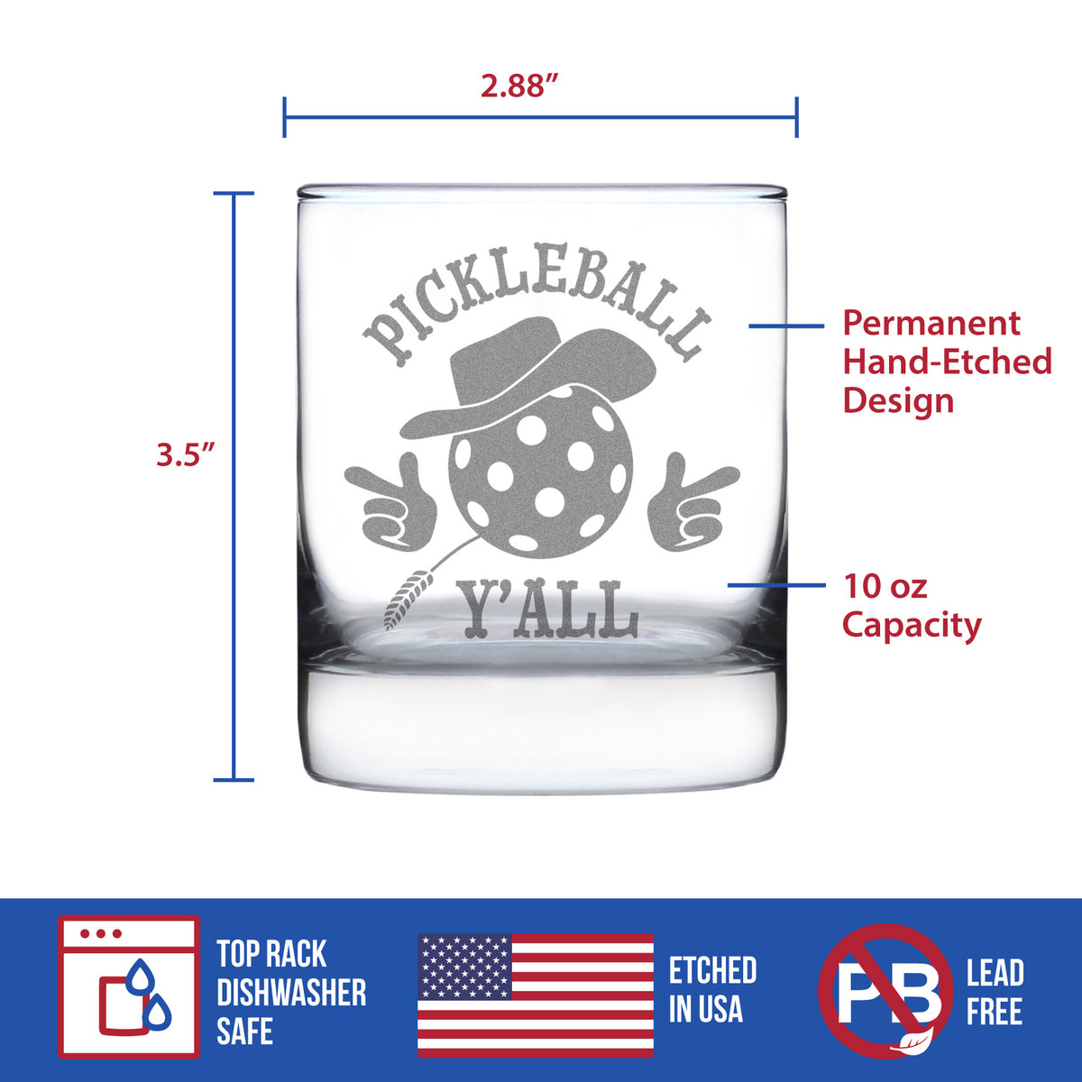 Pickleball Y&#39;all Engraved Rocks Glass Gifts Funny Pickleball Gifts Weighted Whiskey Glasses - 10.25 oz