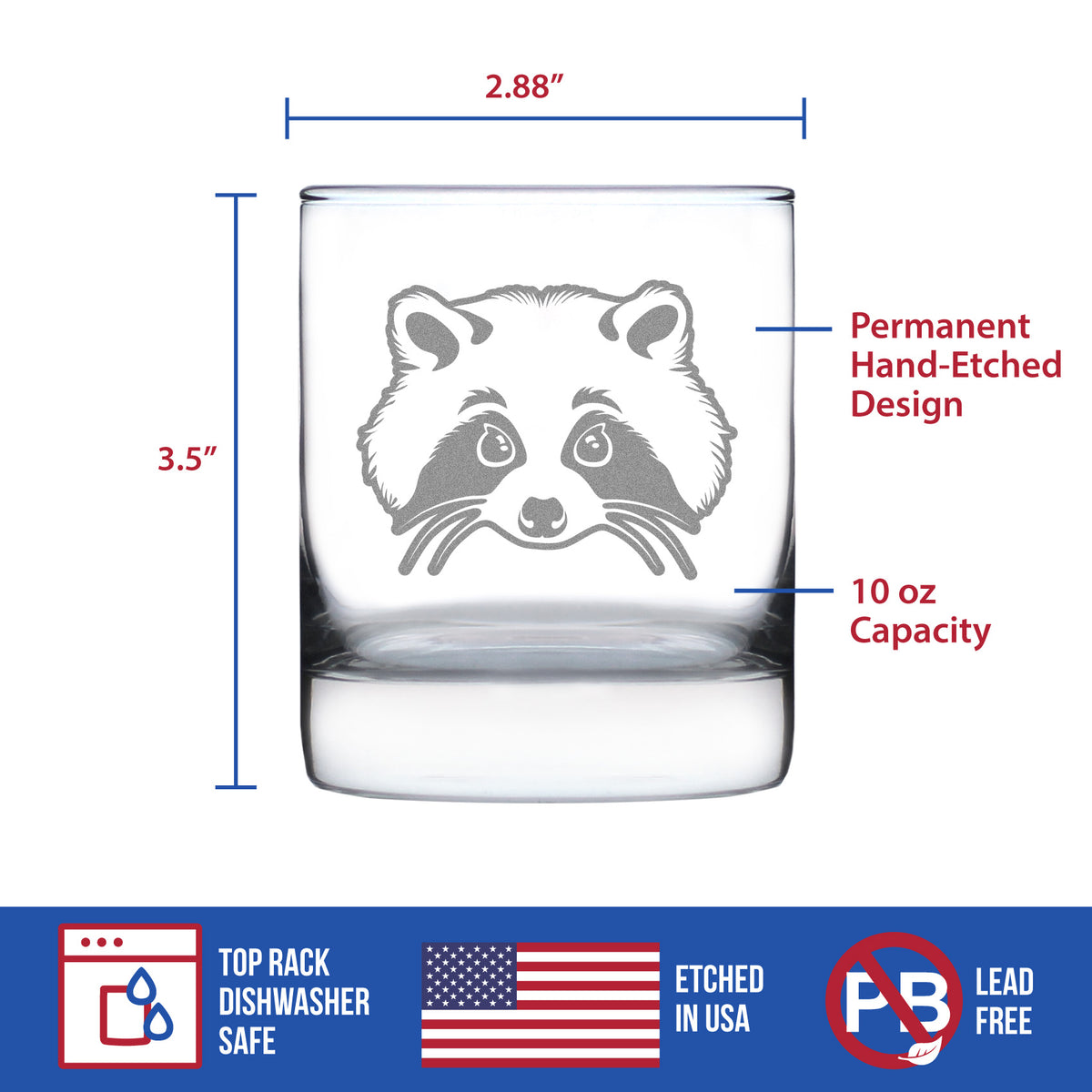 Raccoon Face - Whiskey Rocks Glass - Cute Raccoon Gifts for Animal Lovers - 10.25 oz Glasses