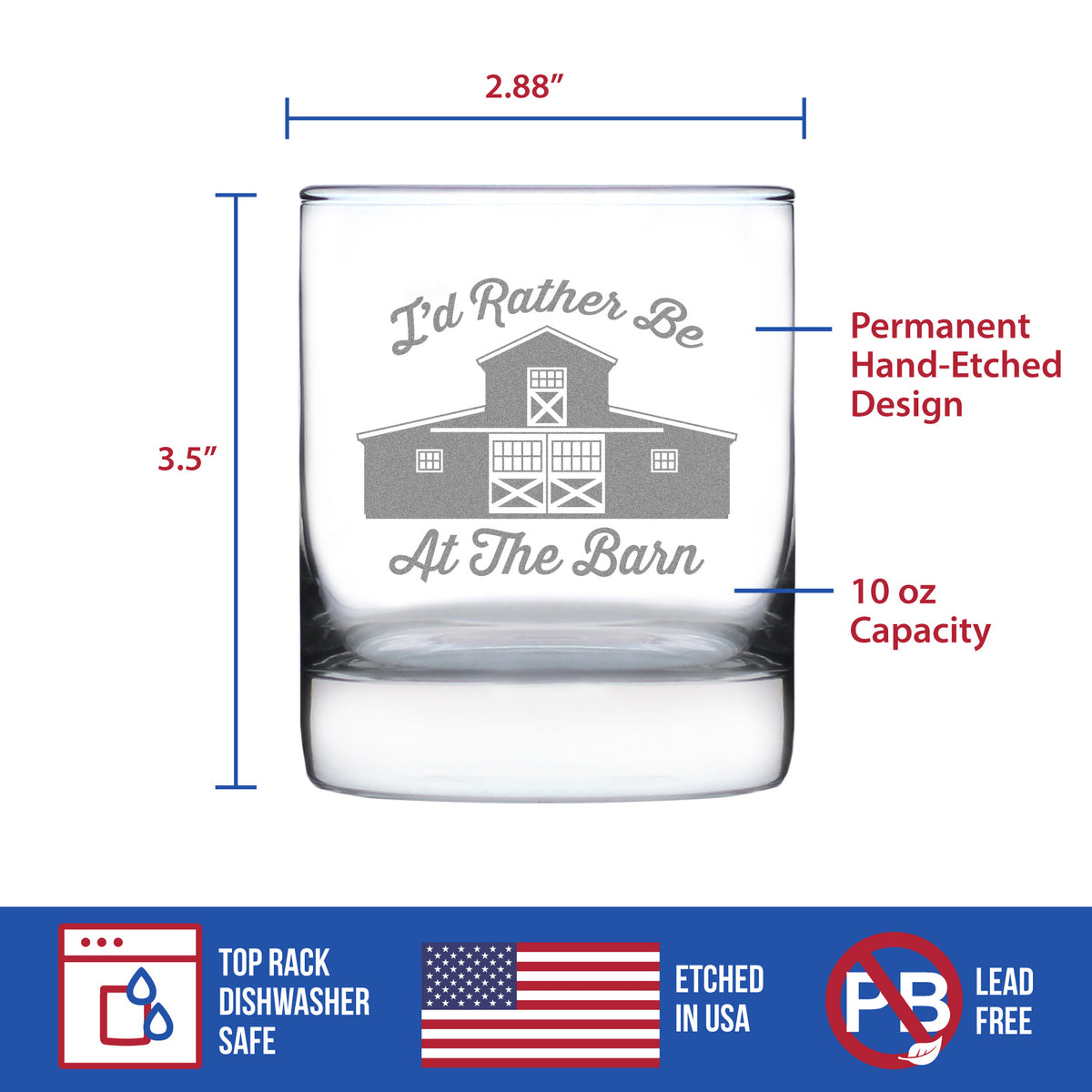 Rather Be At The Barn - Whiskey Rocks Glass - Farmhouse Decor for Women and Men - 10.25 oz Glasses