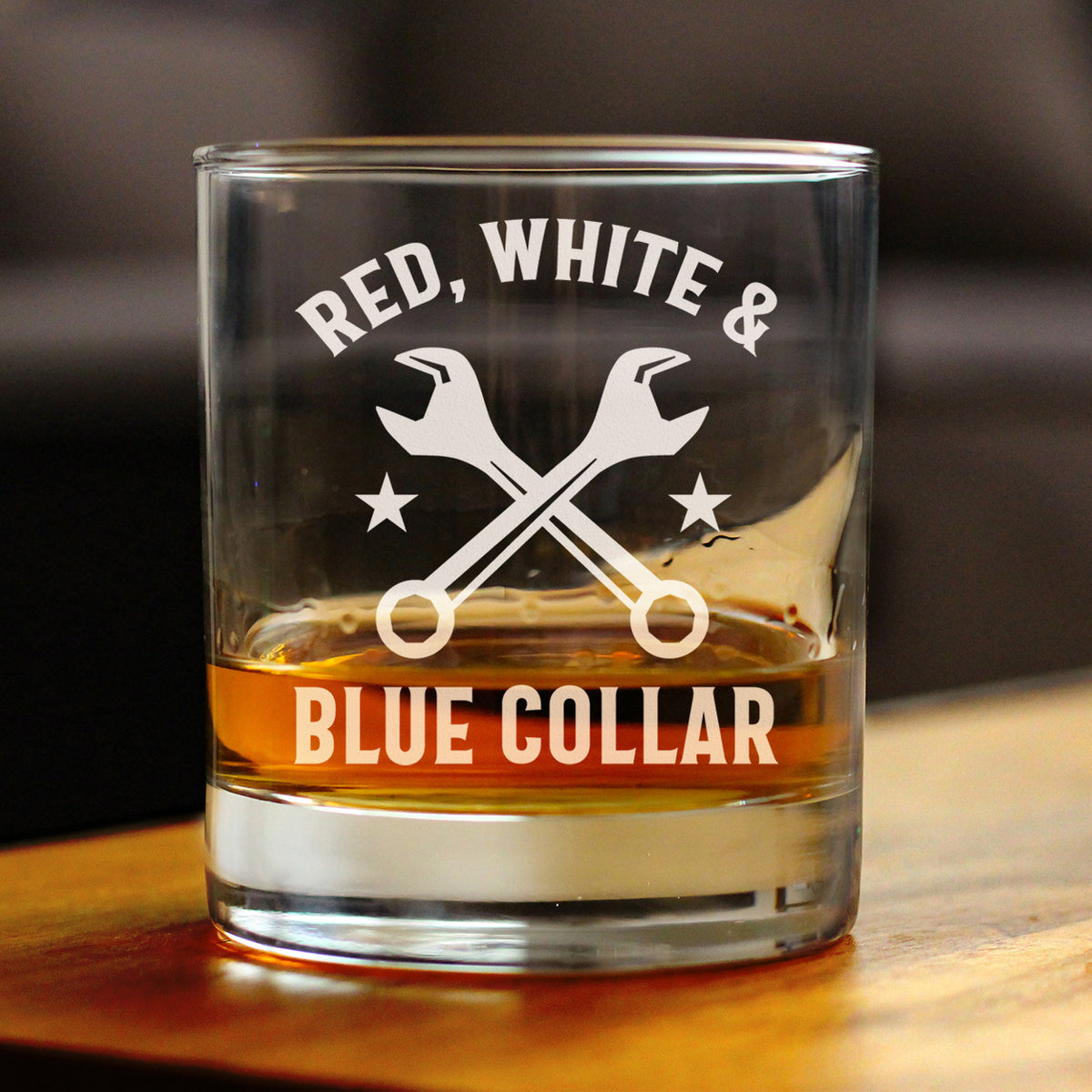 Red White &amp; Blue Collar Engraved Rocks Glass Gifts Gifts for Tradesmen, Manual Labor Workers Weighted Whiskey Glasses - 10.25 oz