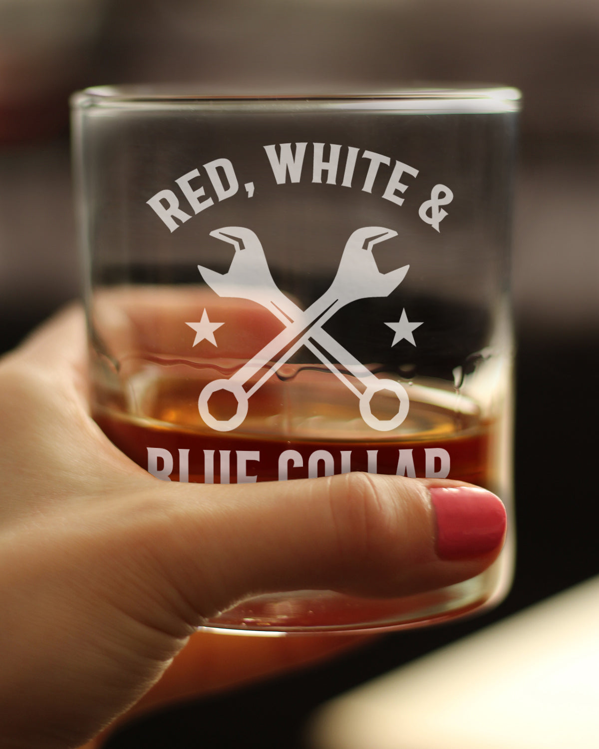 Red White & Blue Collar Engraved Rocks Glass Gifts Gifts for Tradesmen, Manual Labor Workers Weighted Whiskey Glasses - 10.25 oz